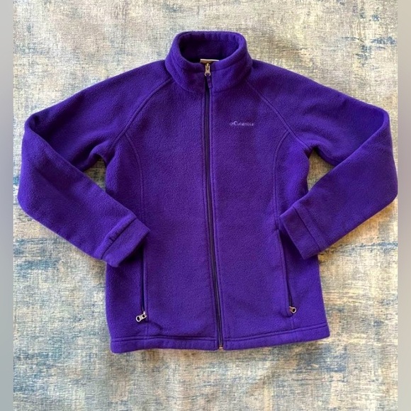 Columbia Jacket Girls Medium 10/12 Purple High Neck Full Zip Pockets Fleece Logo - Picture 1 of 4